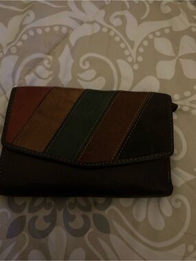 Multi-Stripe Leather Wallet Clutch - Brown with Accent Stripes